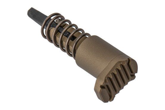 Enhanced AR-15 forward assist with textured surface and flat dark earth finish.